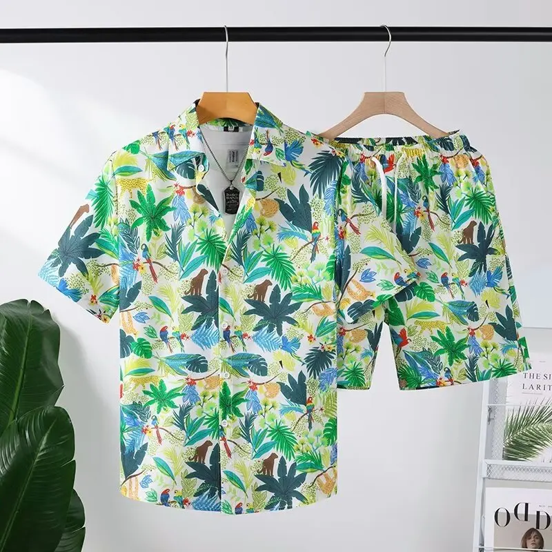 Youthful flowers plants Ink wash painting 3D Print shirt +Shorts Short Sleeve Flip collar shirts half pants Two Piece Set