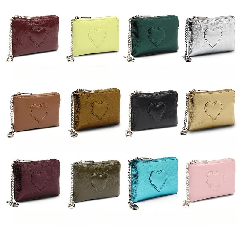 Vintage Oil Wax Genuine Leather Women's Coin Purse, Heart-shaped Keychain Wallet, Mini Zipper Change Pouch for Women Fashion