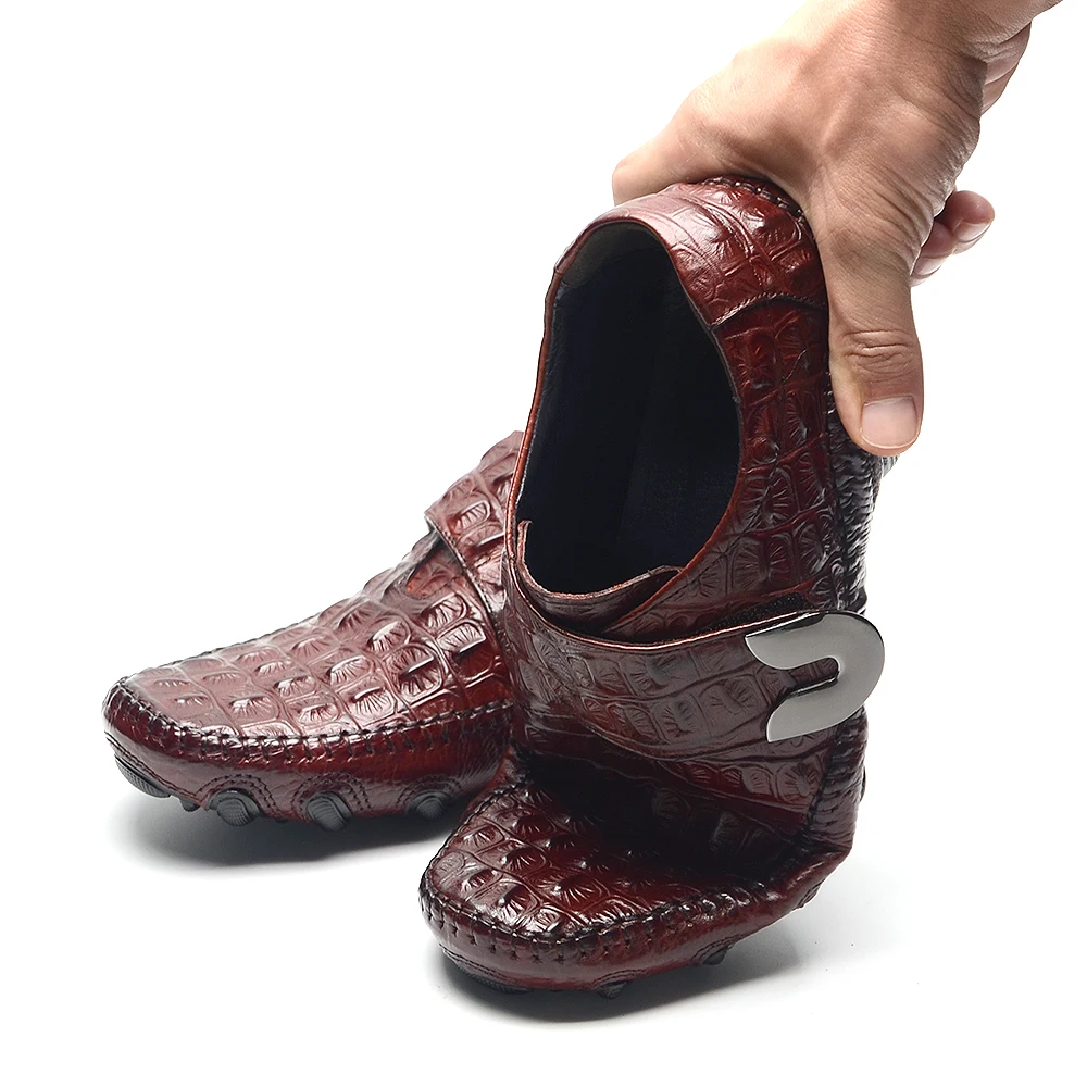 Cow Genuine Leather Comfy Crocodile Print Men's Loafer Shoes Non-slip Soft Shoes with Hook and Loop Fastener Mens Boat Moccasins