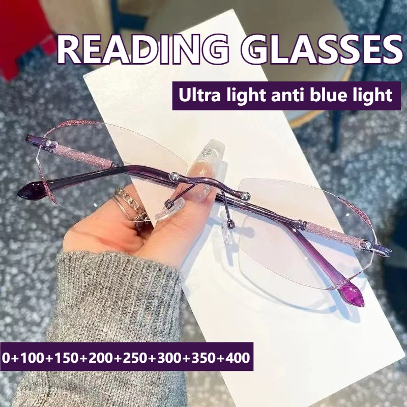 Hochauflösende Lesebrille für Damen, modische randlose Brille, ultraleichte Anti-Blaulicht-Lesebrille