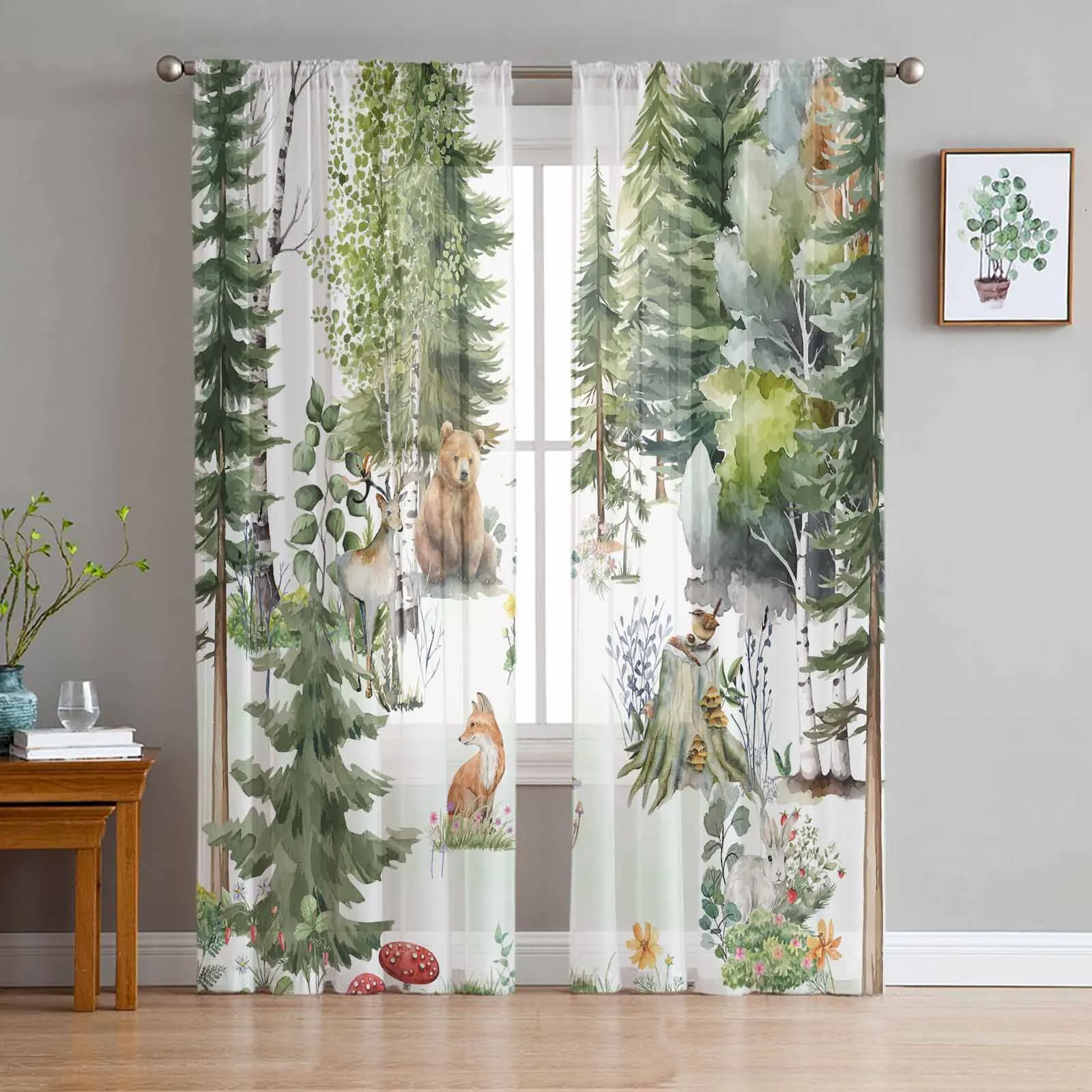 Watercolor Animals Bear Deer Rabbit Tulle Curtains for Living Room Bedroom Modern Chiffon Sheer Voile Kitchen Window Curtain