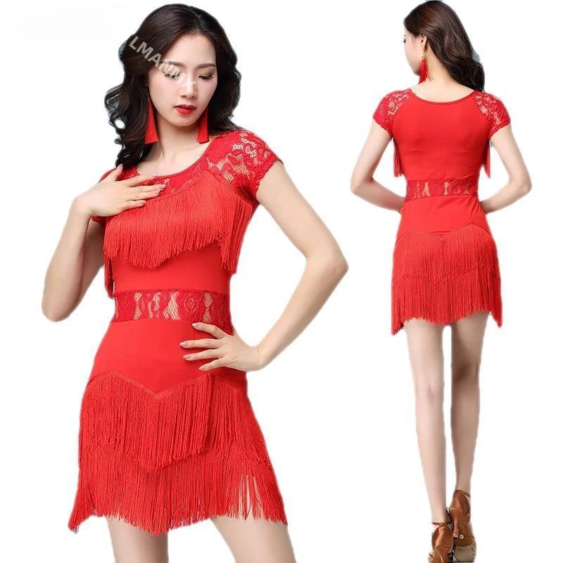 Feminino vestido de dança latina adultos borla salão de baile salsa rumba bodycon trajes de dança elegante feminino borla palco desempenho vestido