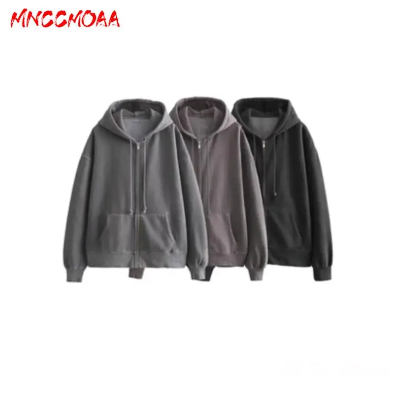 MNCCMOAA-Women's Hooded Zipper Hoodie, Long Sleeve Pockets, Casual Outerwear, Loose, Female Fashion, Autumn, Winter, 2024