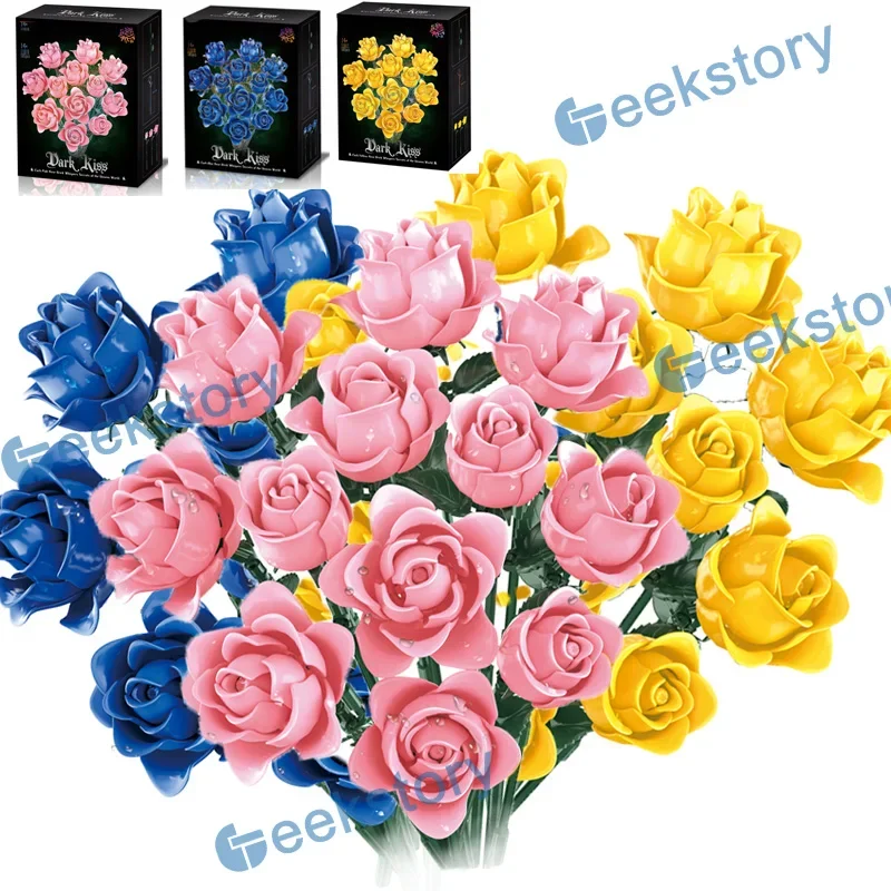 Simulation 585pcs Blue/Pink/Yellow Rose Bouquet Model Building Blocks Black Flower Set Girl Gifts Assembled Ornament Bricks Toys