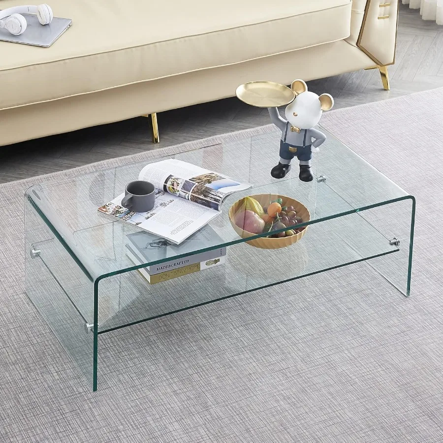 Clear Coffee Table Modern 2Layer Storage Waterfall Tempered Glass Coffee Tables for Living Room Easy to Cleand Safe Rounded Edg