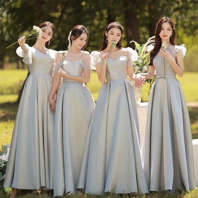 Bridesmaid Dresses Deep V Neck Lace Up A Line Simple Elegant Full Sleeves Pleat Floor Length Satin Lady Formal Party Gown E1237 AliExpress