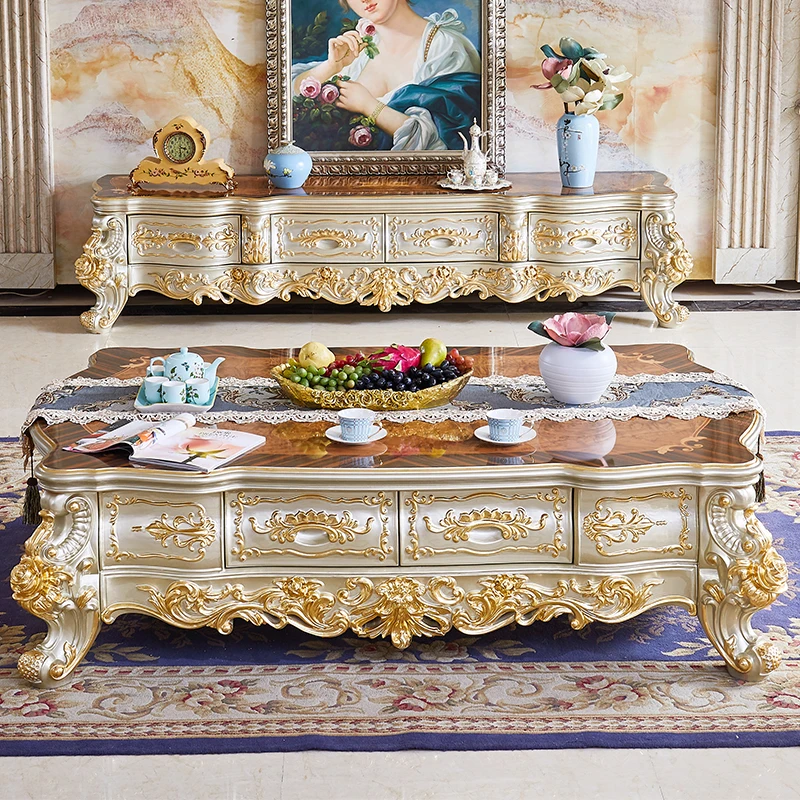 European coffee table, TV cabinet combination set,living room, high-end luxury villa, all solid wood carved long coffee table