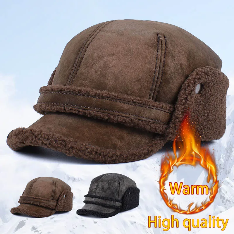 High Quality New Winter Hat Men Faux Fur Wool Warm Thick Earflaps Bomber Hat Men's baseball Cap Leather Fleece Snow Russian Cap