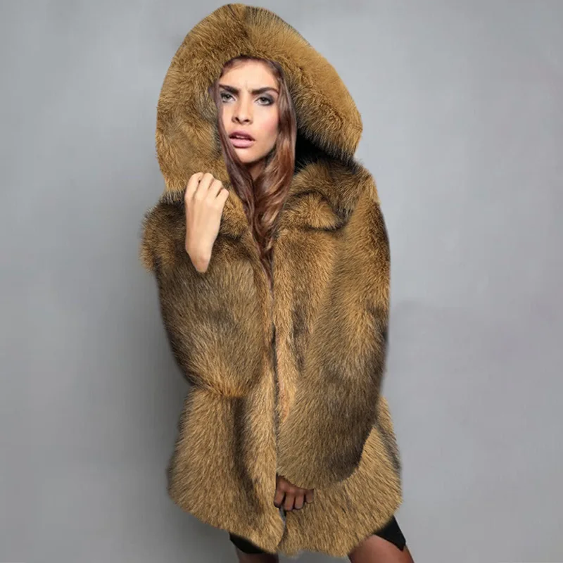 Hooded Zipper Short Faux Fur Coats Luxury Brown Furry Jackets Fluffy Casual Loose Faux Rabbit Plush Coats Warm Thick Outerwears view 2