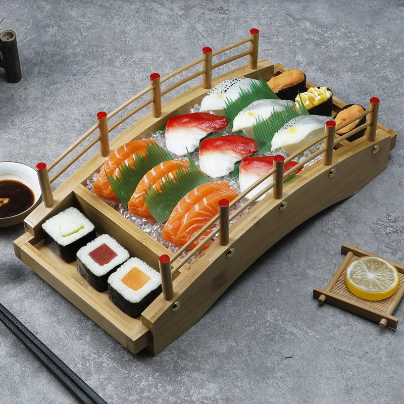 

HYS Sushi boat bamboo boat wooden boat bamboo arch bridge tableware sashimi platter dry ice platter dragon sushi plate