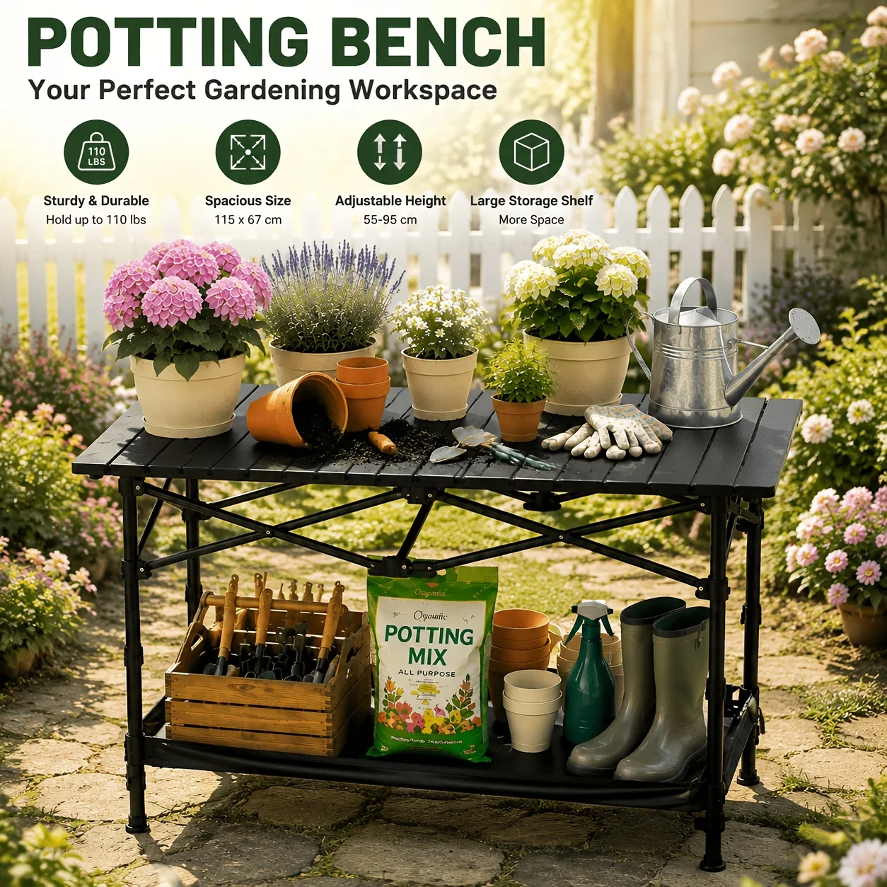 Adjustable Height Multi-functional Garden Workbench | Metal Frame, Large Work Surface, Suitable for Offices, Bedrooms, Terraces, Gardening and Other Scenarios, Durable and Easy to Clean. It Can Be Used as a Potting Table, Outdoor Garden Table