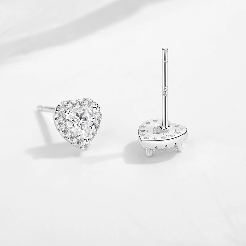 KALETINE Cute Female Small White Crystal Zircon 925 Sterling Silver Stud Earrings Fashion Heart Wedding Jewelry For Women