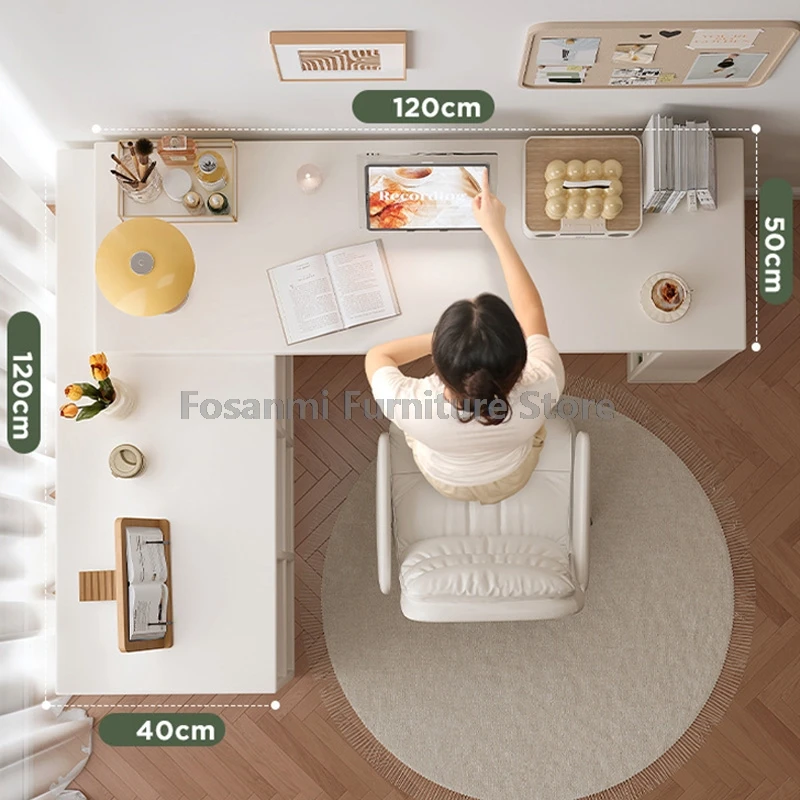 مكتب أبيض متعدد الوظائف قابل للتعديل مع خزانة تخزين، طاولة حديثة قابلة للتمديد لغرفة النوم وغرفة المكتب ومكاتب زاوية بسيطة #4