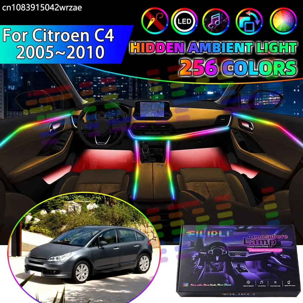 For Citroen C4 2005~2010 B5 MK1 C-Triomphe RGB Car Interior Ambient Lights Strips Breathing Lighting Kit App Control LED strips