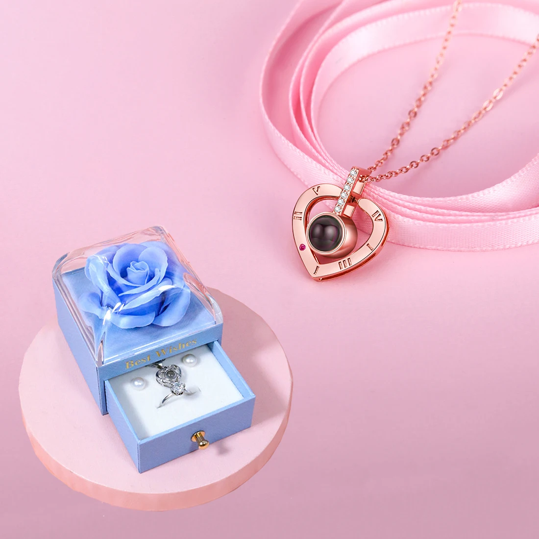 Projection Necklace With Colorful Rose Gift Box 100 Languages I Love You Heart Pendant Jewelry 2024 Hot Romantic Gifts For Women