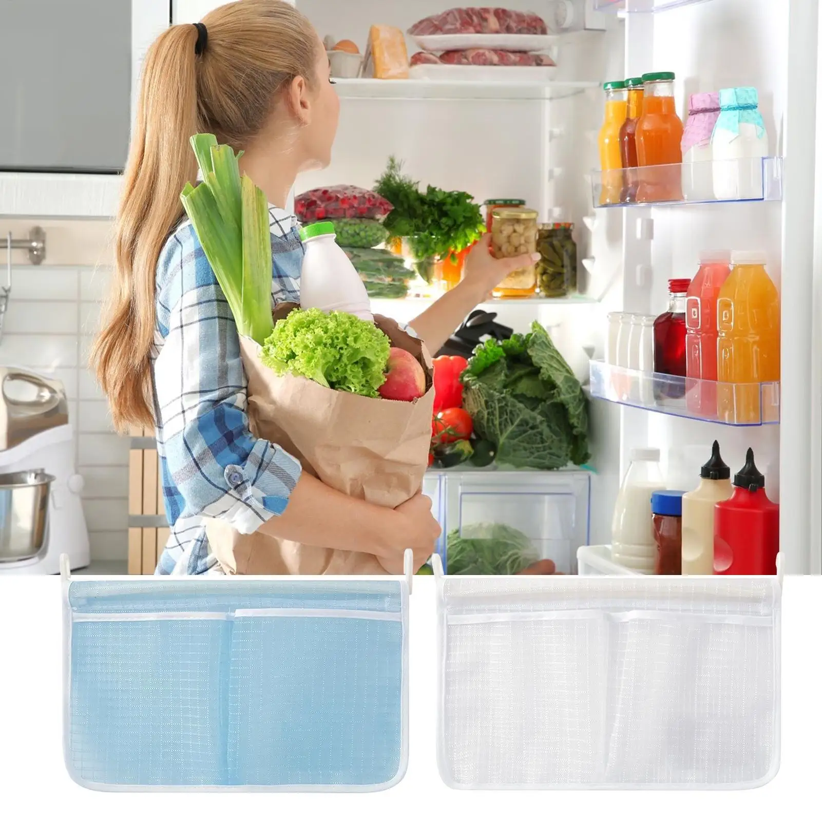 Fridge Door Organizer Pocket Hanging Mesh Bag Kitchen Storage Basket Breathable Snacks Tea Wraps Holder Space Saver Accessories