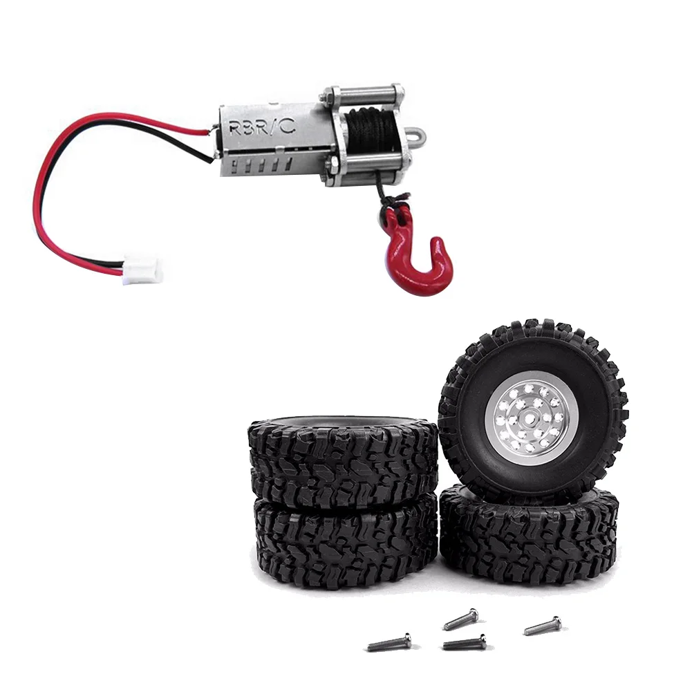 ABWE-2 Set RC Car Part: 1 Set Metal Wheel Rim Tyre Tires Set & 1 Pcs Metal Automatic Simulated Winch