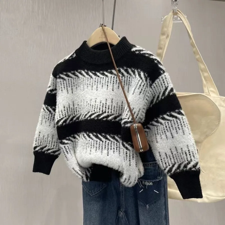2026 New Kids Sweater Boys Girls Thickened Mink Knit Pullover Autumn Winter Warm Tops Children Fashion Jumpers