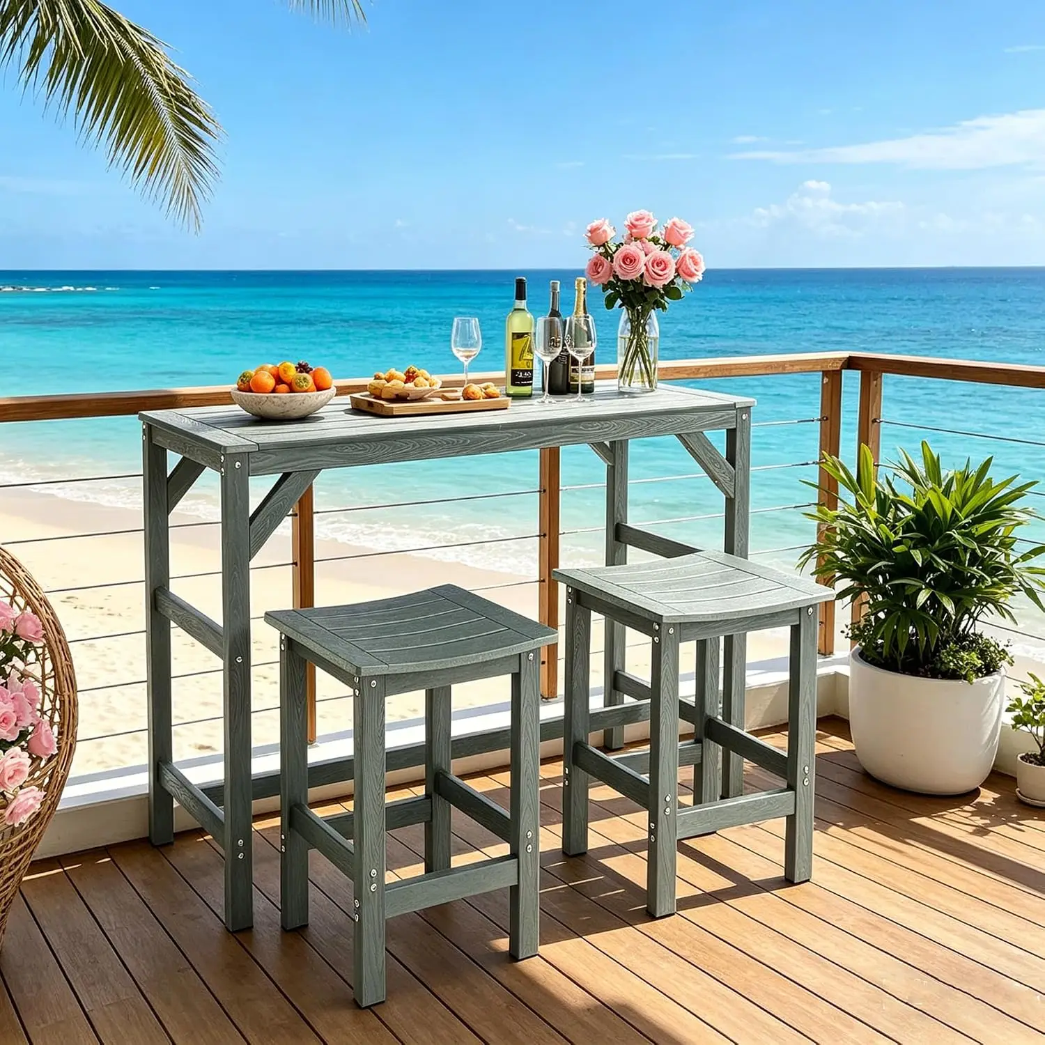 Outdoor Bar Height Table & Chairs Set 3-Piece HIPS Composite Lumber High Top Dining Set for Balcony Poolside Patio, Customized