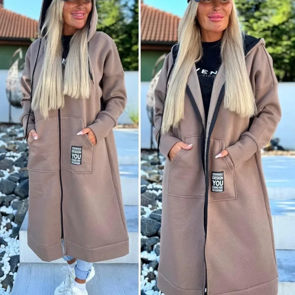 Plus Size Women's Fashionable Hooded Sports Fleece Sweatshirt Ladies Casual Long Sleeved Zipper Solid Color Jacket Windbreaker