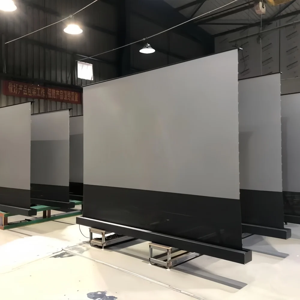 Motorized Floor Rising Screen UST Ambient Light Rejecting with Perforated Sound Transparent Black Border for Laser Projector