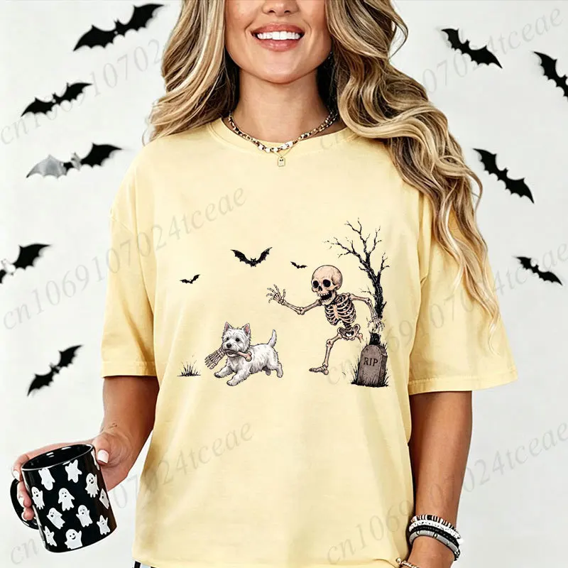 Westie Halloween Shirt,Funny Skeleton Dog Tees,Spooky Dog Lover T-Shirts Gift Men Women,Halloween Spooky Season T-Shirt