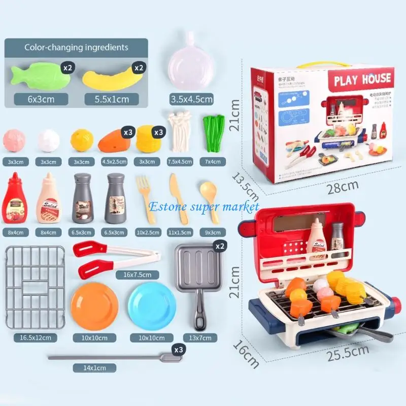 090B Electric Simulation BBQ Grill Toy Kitchen Play Set with Realistic Sound Light Effects for Kids Pretend Play Cook Role