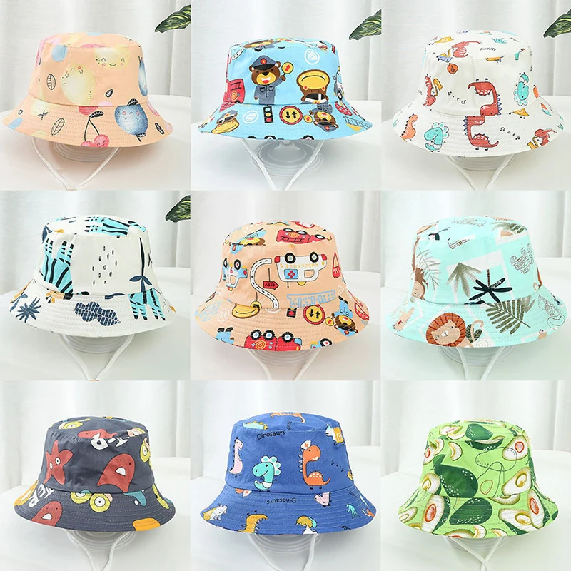 Cartoon Printing Baby Bucket Hat Cotton Breathable Kids Fisherman Hat Infant Toddle Sun Hat With Drawstring