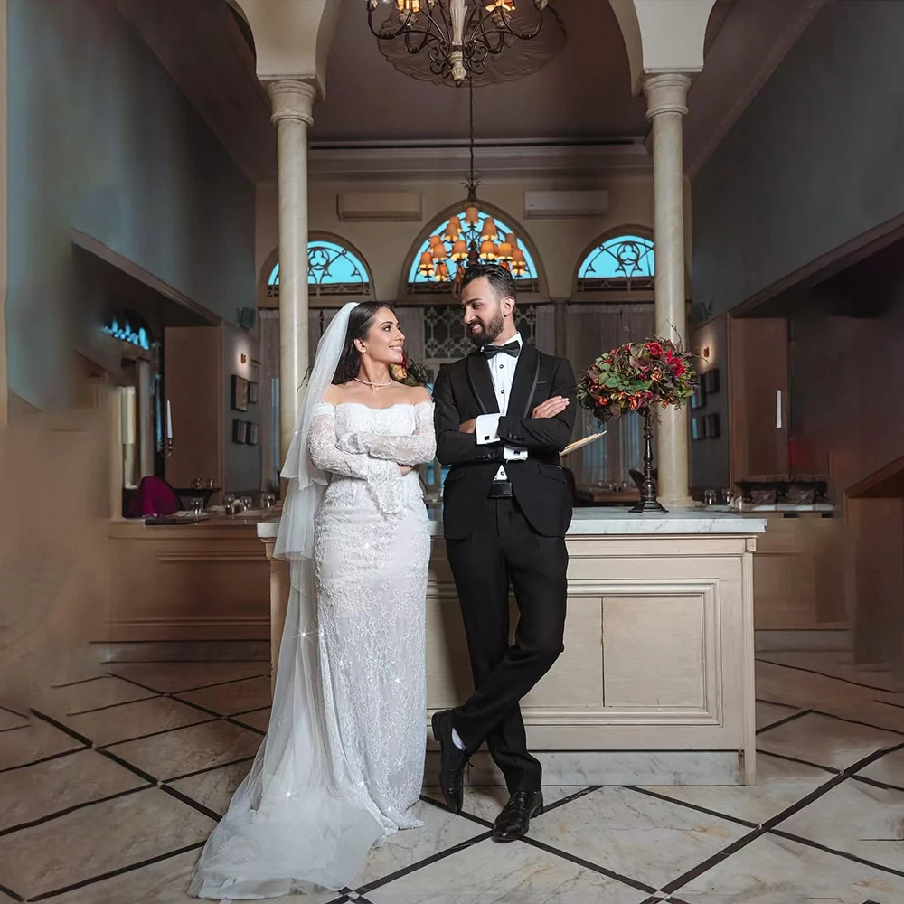 

Luxury Weddings Dresses Lace Long Sleeve Mermaid Bride Dress with Beading Arabic Beach Bridal Gown Customized فساتين حف