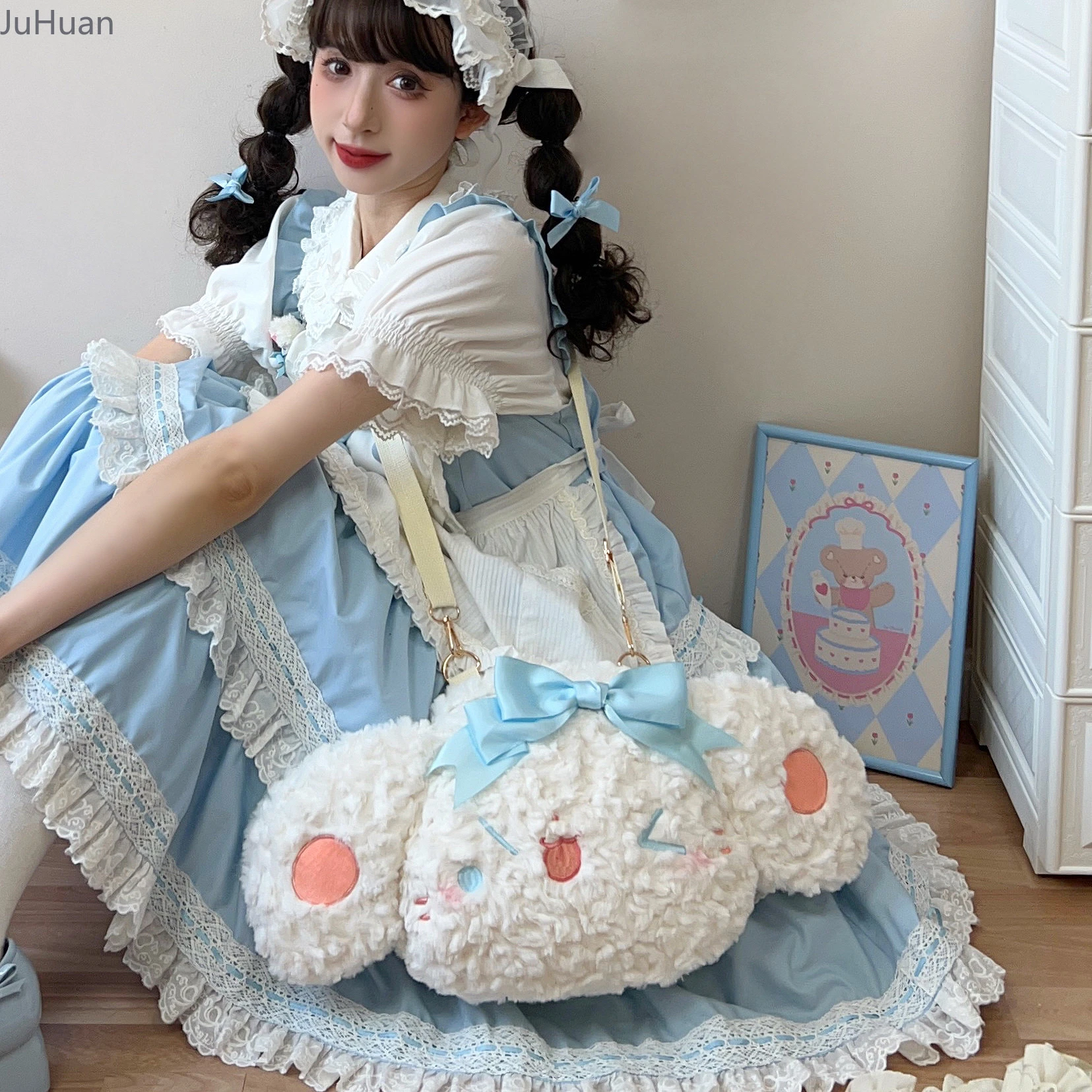 Borsa a tracolla da donna giapponese Kawaii Borse Lolita dolci e carine Fiocco in peluche Cucciolo impertinente Bella ragazza Zaino di grande capacità Donna