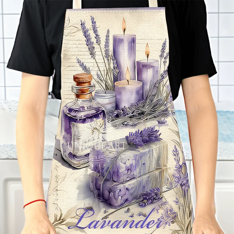 1pc Lavender Spa Scent Theme Print Linen Apron Kitchen Cooking Baking Gift For Her Relaxing Decor