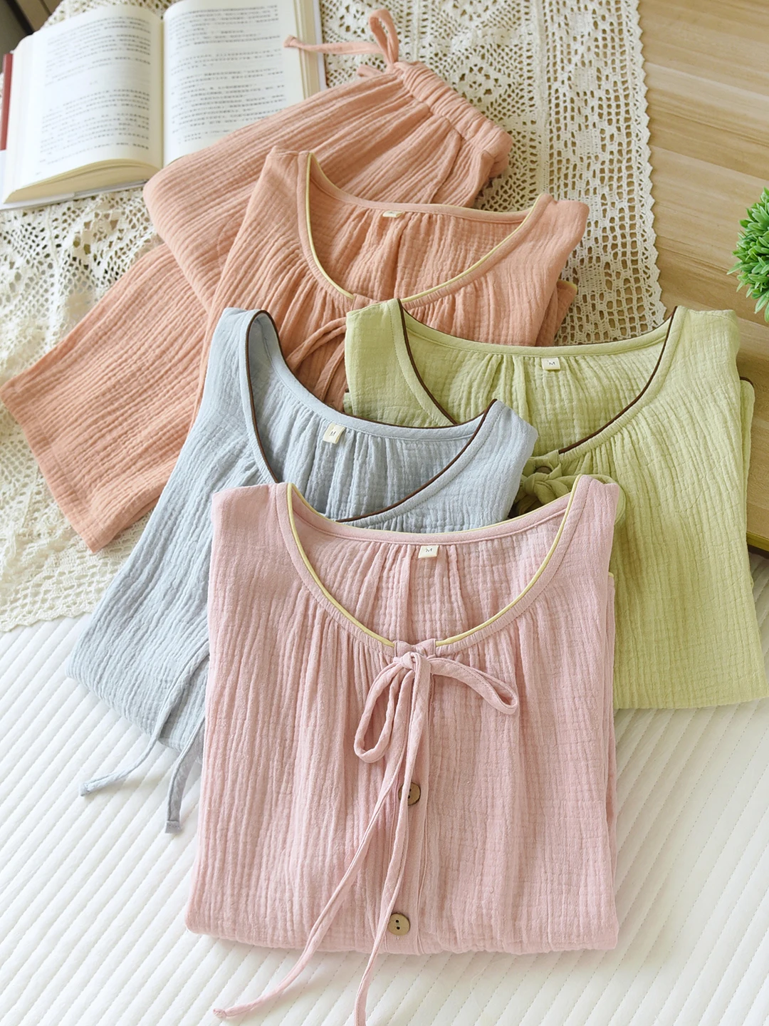 綿100-二重層モスリン生地-長袖-レディース-ホームウェア-春秋夏新作-スリーブ付き