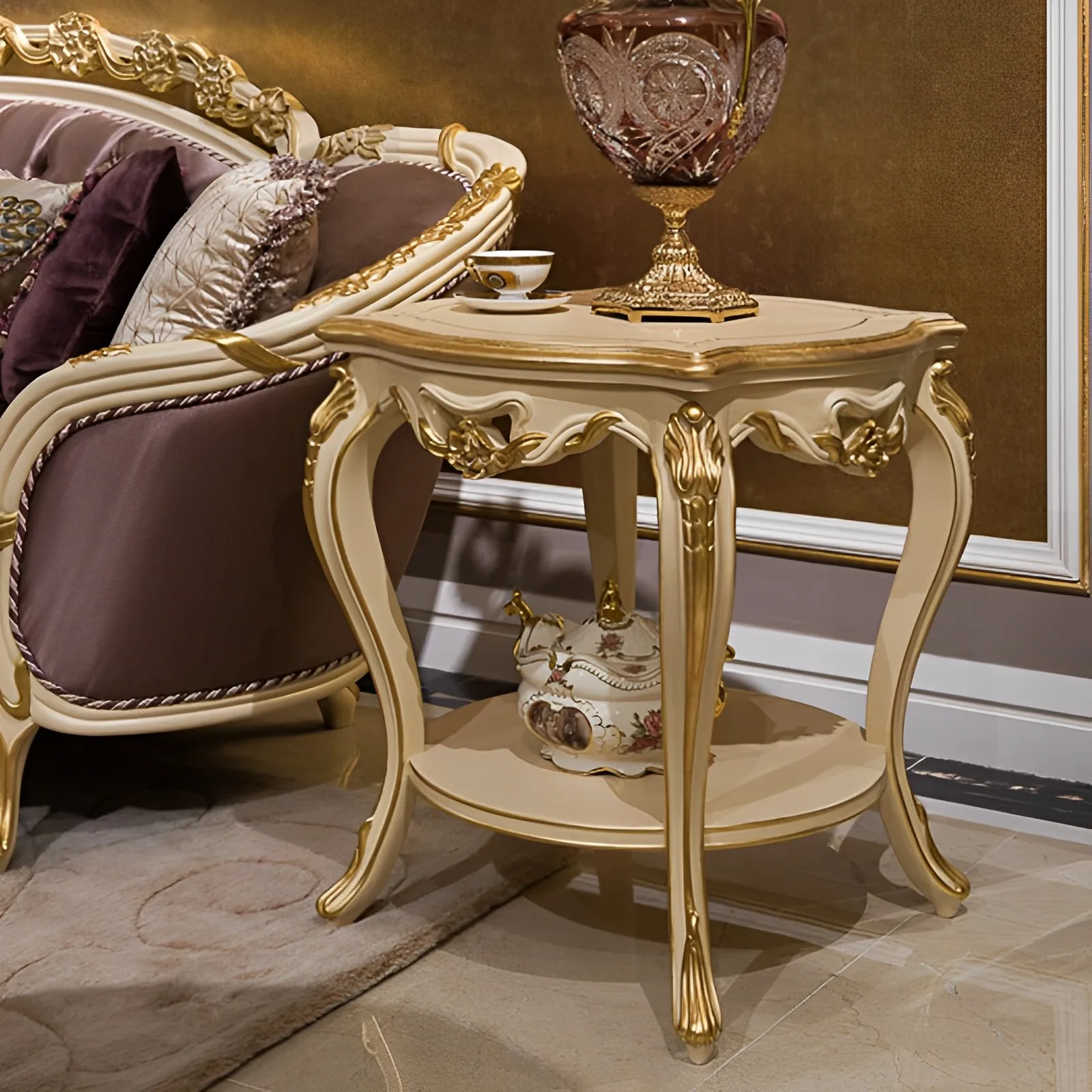 ！@French Style Classic Coffee Table Round Luxury Beige Gold Foil Living Room Furniture Classic Coffee Side Table