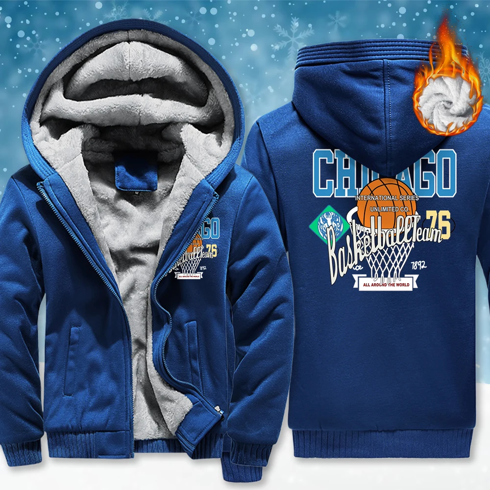 

Chicago Basketball Games Print Men Thicken Jacket Street Loose Hoodies Zipper Fleece Hoodie Winter Casual Soft Man Long Sleeve