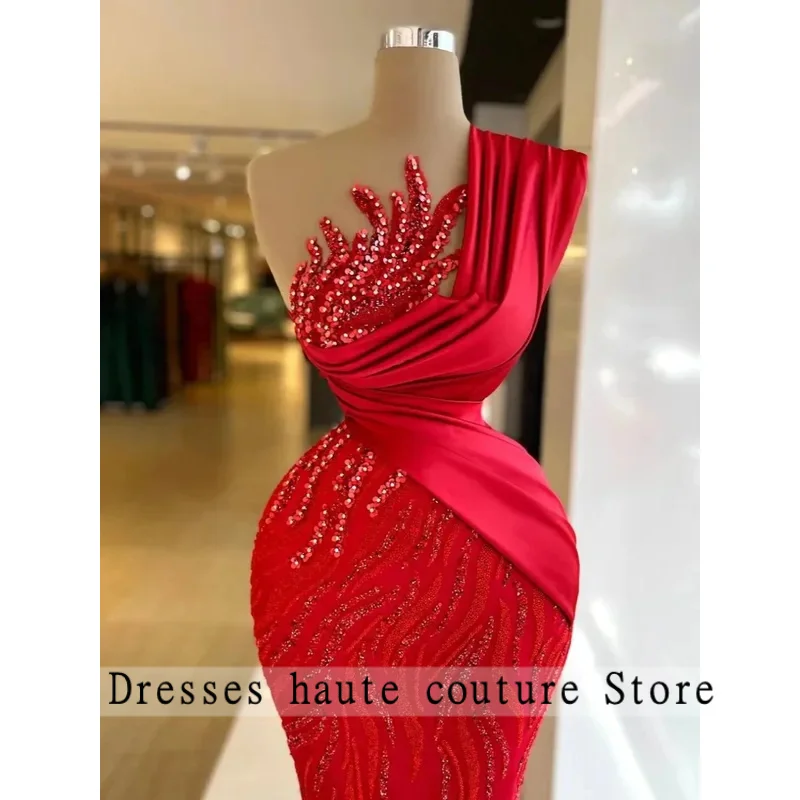 Lange avondjurk met één schouder, luxe kralenparels, vloerlengte, rode formele bruiloftsgast, feestjurk, jurk voor speciale gelegenheden