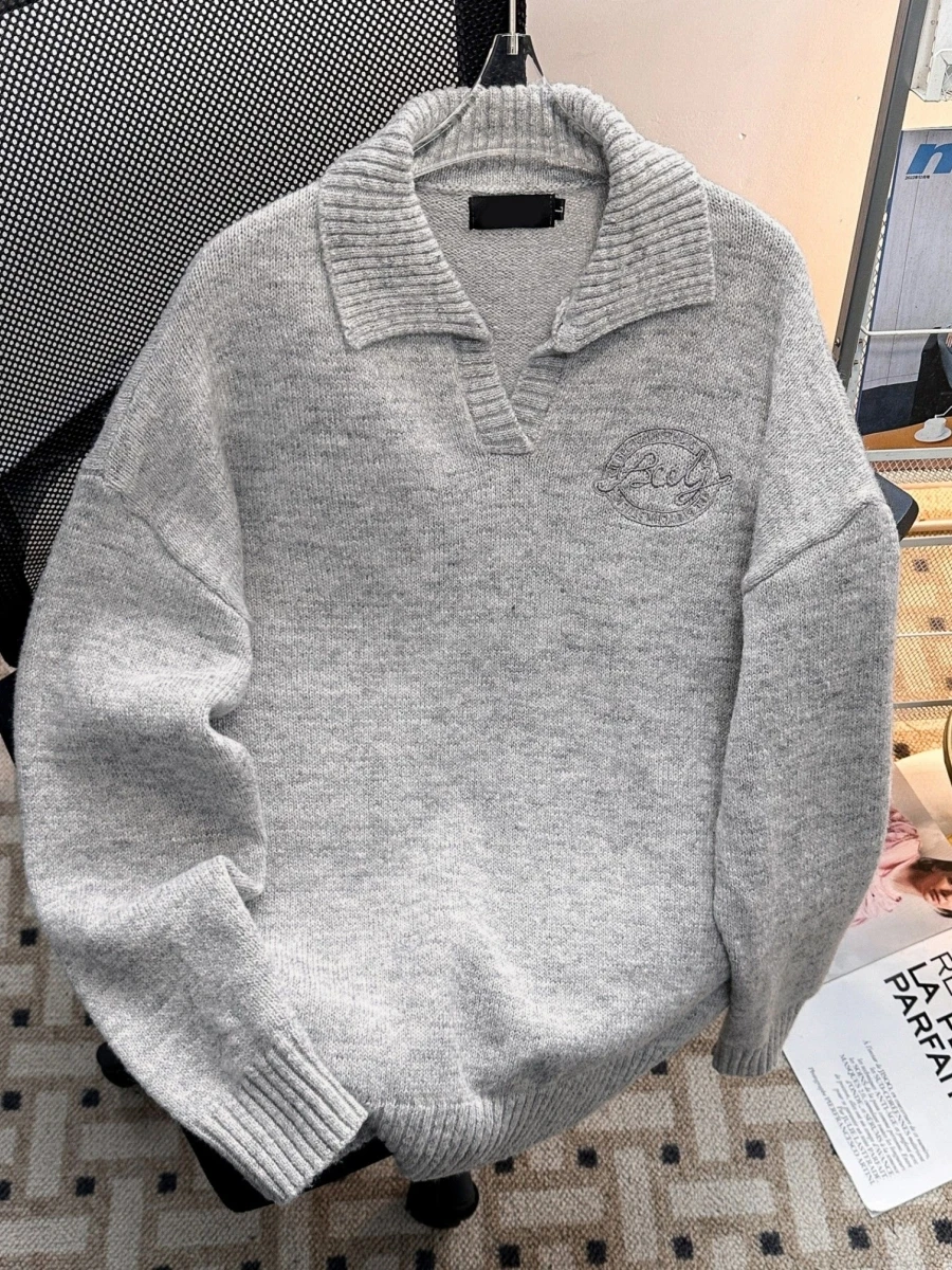 

ay Lazy Sle V-Ne Knitwear Men Women Winter American Retro Collar Knitted irt Flip Collar Base irt Casual Wear