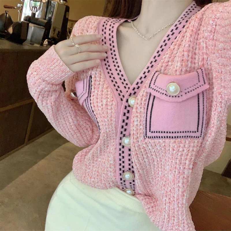 Women Fall Sweet Pearl Button V-Neck Cardigan Long Sleeve Causal Patchwork Sweaters Coat Winter Pocket Warm Overcoat Knit Jacket