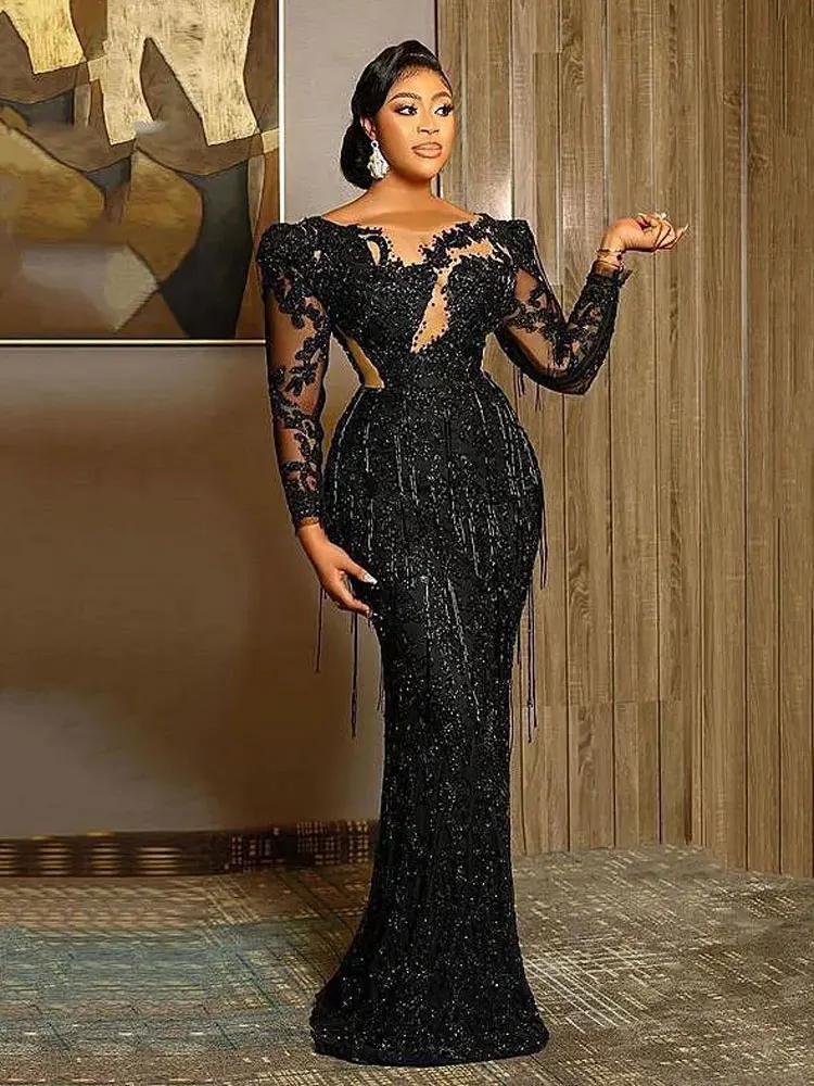 

Sequin Applique Fringe Wrap Hip With Floor Length Skirt Cocktail Formal Ball Party Dress Luxurious Sexy Mermaid Evening Dress