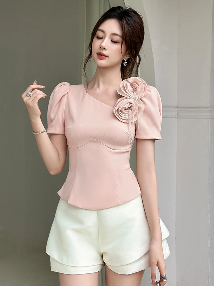 

Women's Exquisite Beatiful Party T-Shirt Lady Elegant Pink Date Blouse Flower Tops Female Gentle Pearl Tassel Prom Date Clothes