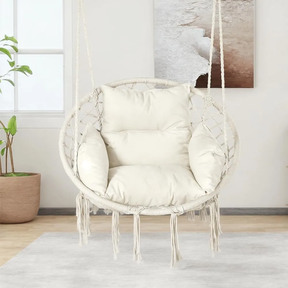 Comfortable Hanging Swing Chair with Cushion, Supports 330 Lbs for Indoor and Outdoor Use - White