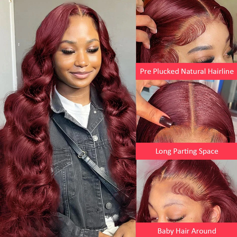 99J Burgundy 13x6 HD Lace Front Wig 30 Inch  Red Colored  Human Hair 4x4 Closure Wigs For Women 13x4 Body Wave Lace Frontal Wig