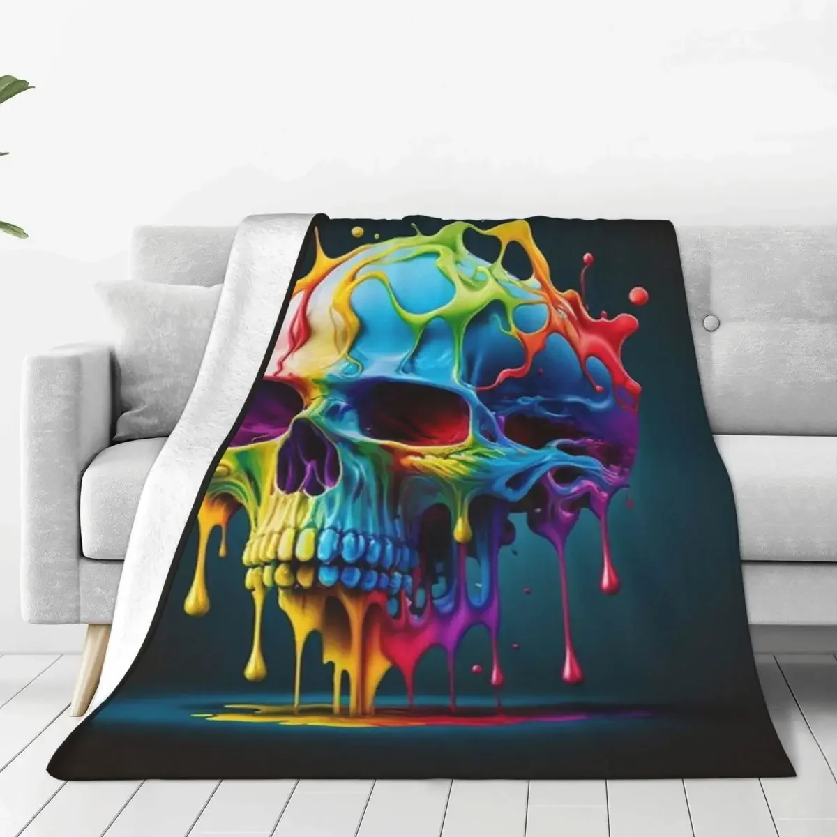 Colorful Dripping Skull Throw Blanket, Psychedelic Art Design for Home Decor & Trendy Gifts, Multi-Size Options
