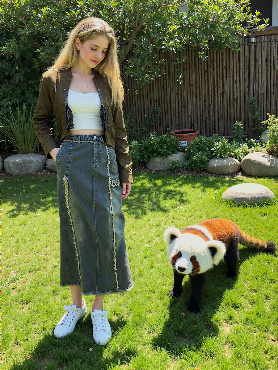 

Джинсовые юбки длиной до щиколотки, женские джинсовые юбки с высокой талией и рюшами, плиссированные лоскутные художественные модные женские шикарные уникальные многослойные юбки