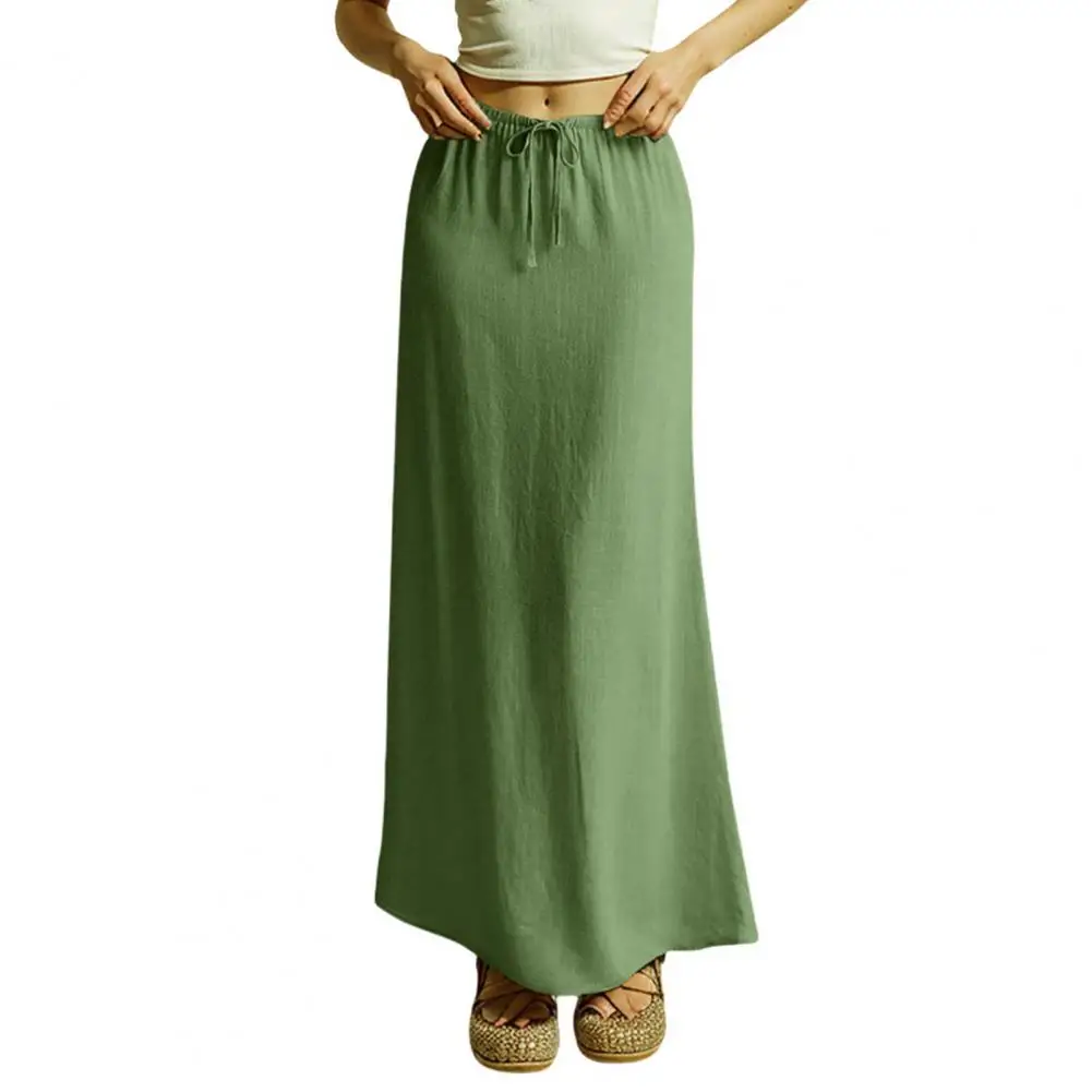 Women Maxi Skirt Mid-rise A-Line Drawstring Solid Color Long Skirt Easy To Match Lady Skirt Work Leisure Bodycon Women Clothing
