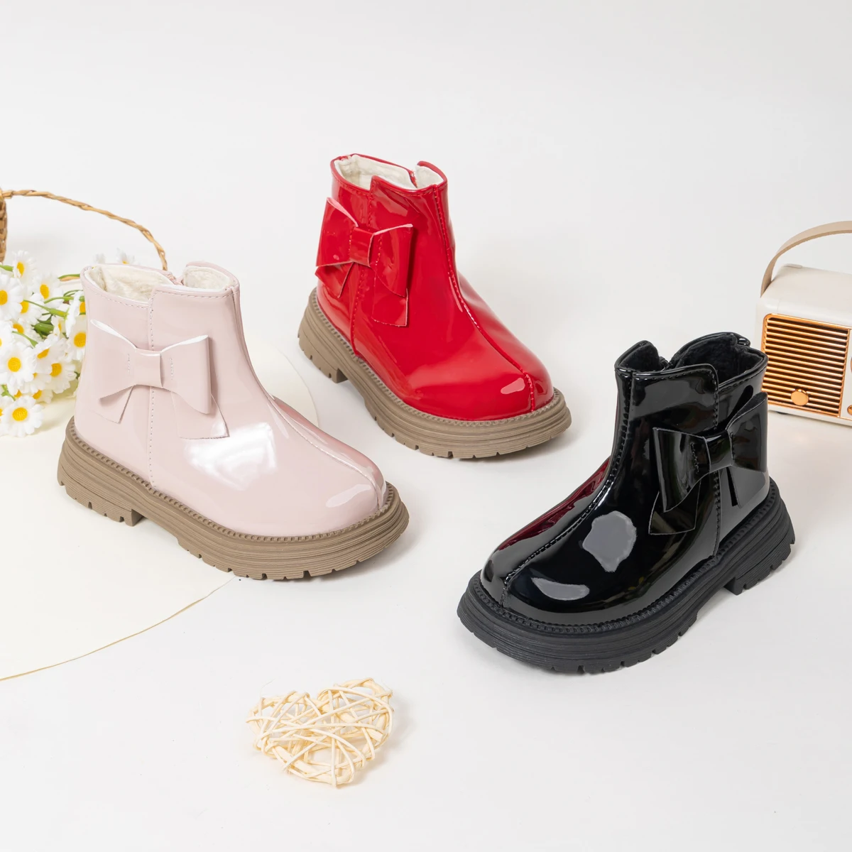 Autumn Winter Children High-top Leather Boots Girls Solid Color Bow-tie Design Short Boots Kids Fashion Boots