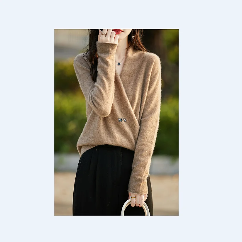 

Chic Women's Cross-over Collar Pullovers Sweater Simple Solid Color 100% Merino Wool Basic Soft Warm Fairy-like Style Tops