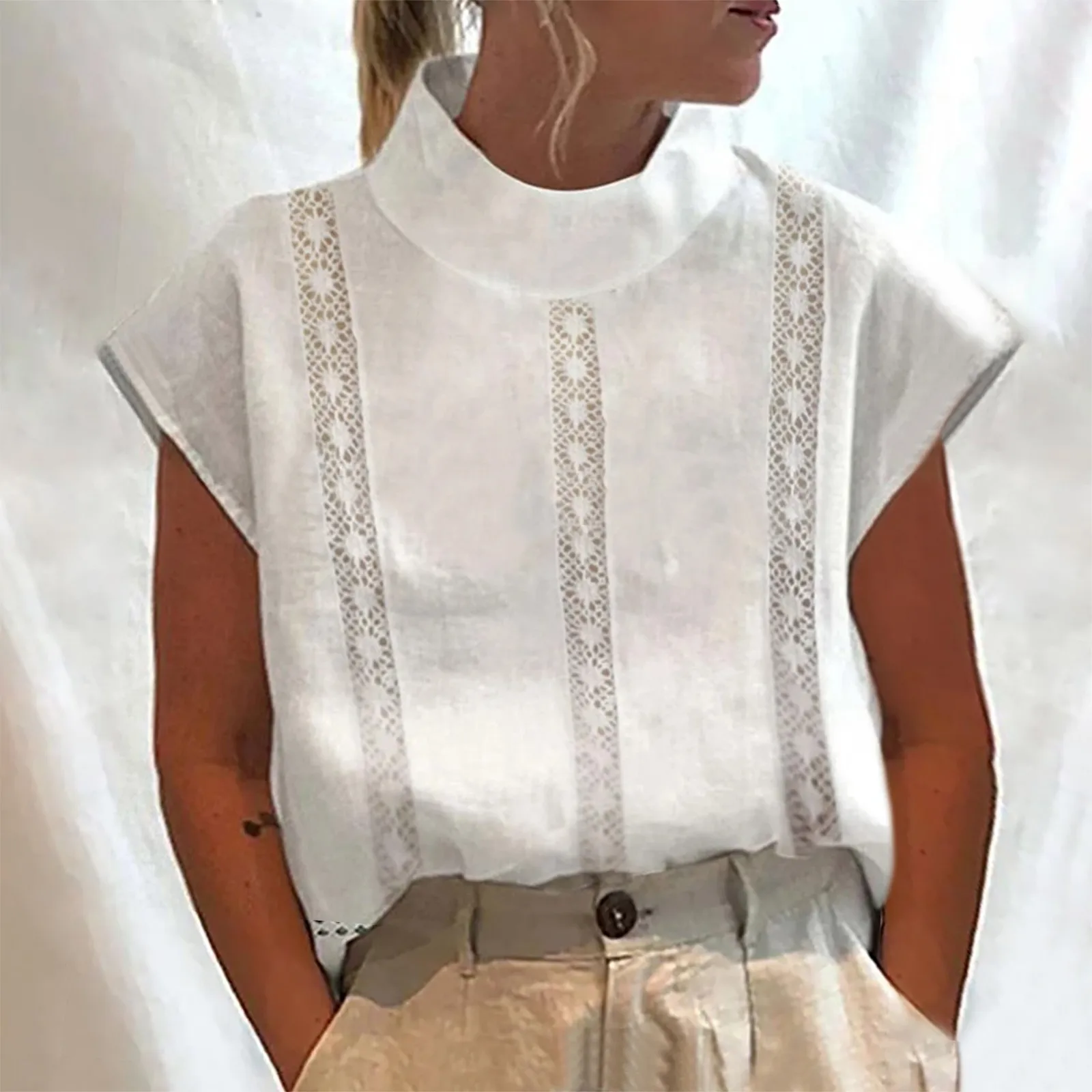 Summer Fashion Cotton Linen Women Blouses Casual Lightweight White Hollow Out Lace Slim Short Sleeve Shirt Female Top Vest