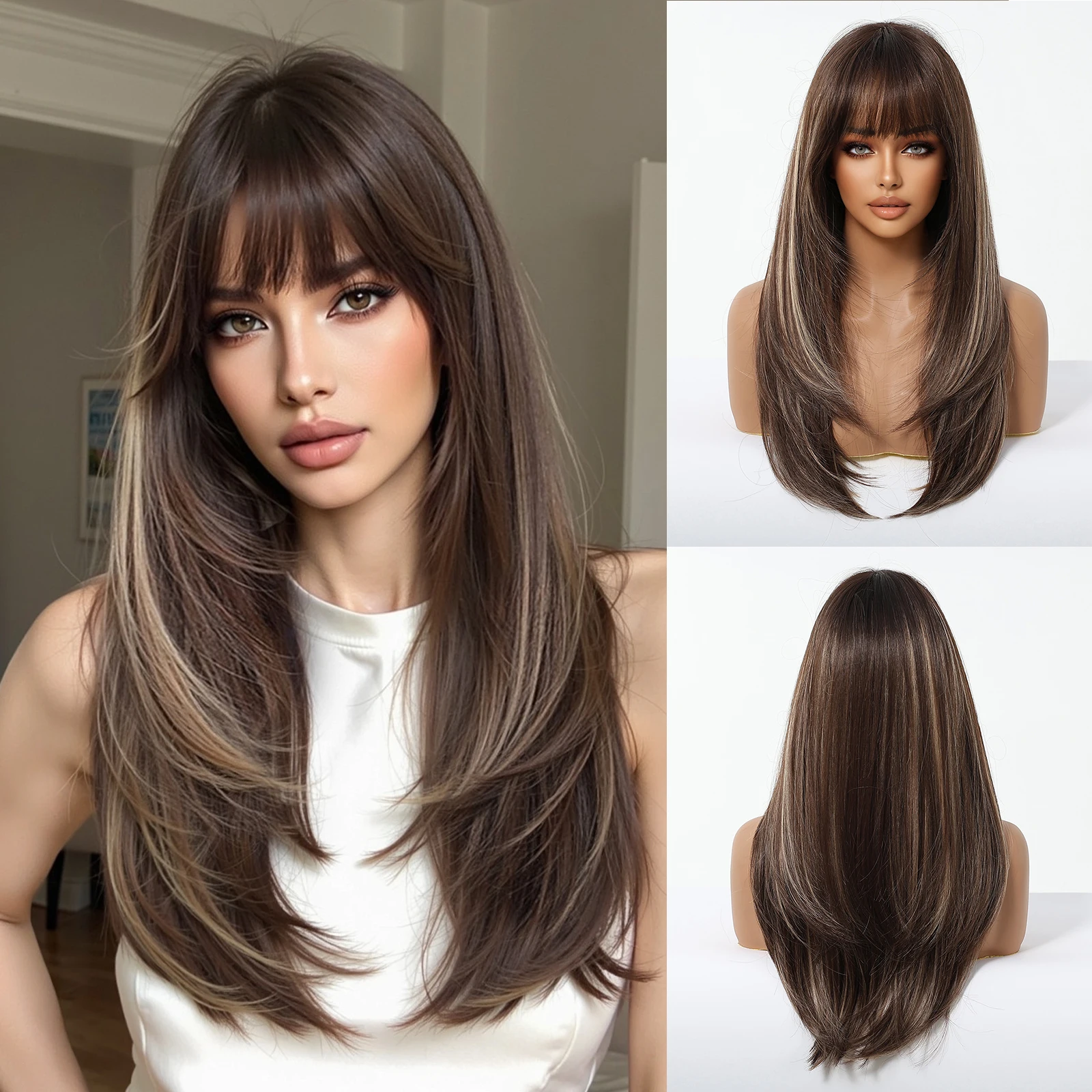 

EASIHAIR Длинные прямые коричневые платиновые блики Синтетические парики с челкой Натуральный многослойный парик для повседневного косплея Термостойкие