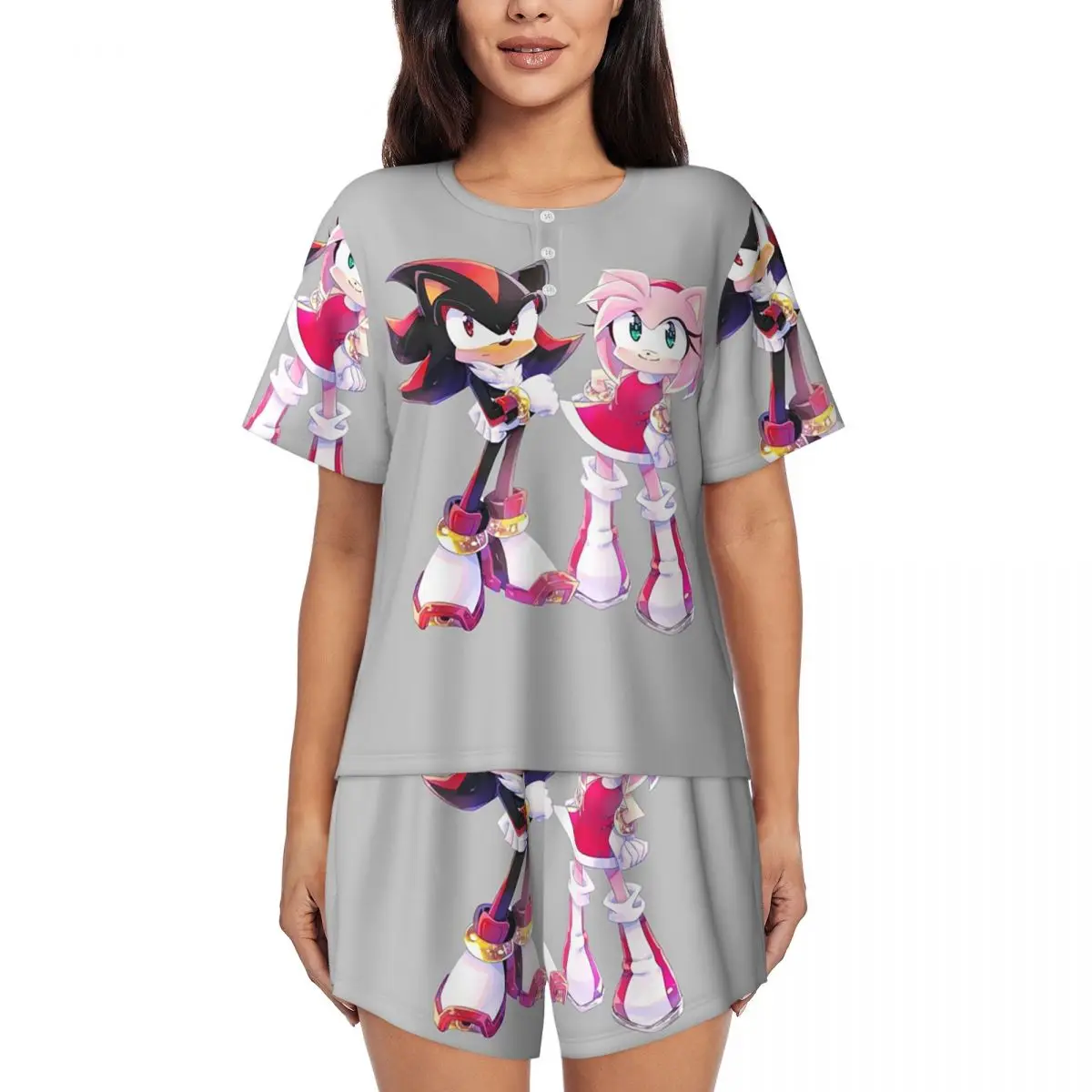

Ночная рубашка Shadow The Hedgehog с круглым вырезом и короткими рукавами для сна, женский свободный пижамный комплект с короткими штанами