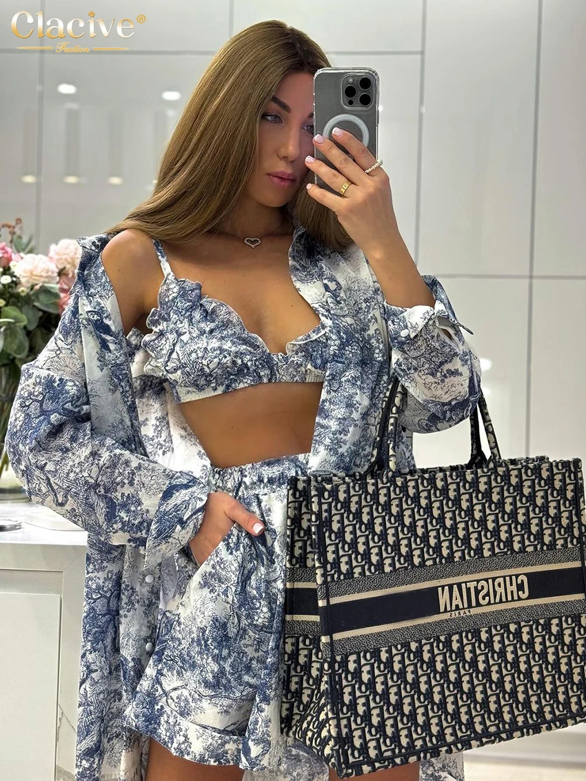 Clacive Fashion Loose Print 3 Piece Sets Women Outfit 2024 Elegant Long Sleeve Shirt + Bra With High Waist Shorts Set Streetwear